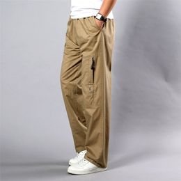 Summer Men's Khaki Pants Large Size Straight Fit Big Sizes 5XL Side Pockets Wide Leg Cotton Black Cargo Pants Work Trousers Male 201113