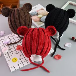 Knitted Winter Baby Hat with Ears Cartoon Lace-up Children Kids Baby Bonnet Cap for 1-3 Years 5 Colours