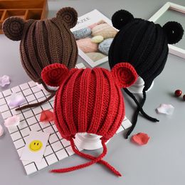 Knitted Winter Baby Hat with Ears Cartoon Lace-up Children Kids Baby Bonnet Cap for 1-3 Years 5 Colors