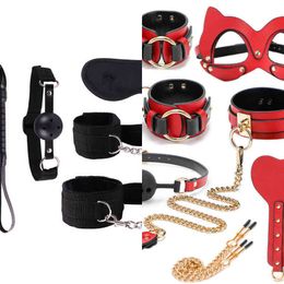 Nxy Sm Bondage Bdsm Kits Genuine Leather Restraint Set Handcuffs Collar Gag Vibrators Sex Toys for Women Couples Adult Games 1223