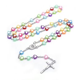 Mixed Colors Heart Plastic Beads Jesus Cross Pendant Rosary Necklace For Women Religious Christian Jewelry
