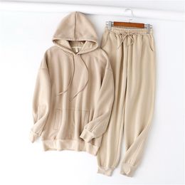 Hoodie 2 Pcs Set Women Sweatshirt Autumn Solid Oversized Set Casual Long Sleeve Fleece Tops Long Pants Tracksuit Suit Outfits 201217