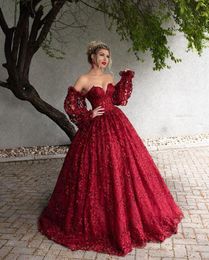 2021 New Luxury Arabic Burgundy Evening Dresses Sweetheart Full Lace 3D Floral Flowers Sweep Train Long Sleeves Plus Size Prom Party Gowns