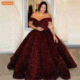 Sparkly Burgundy Evening Dress Long 2020 Off Shoulder Sequin Lace Up Ball Gown Formal Dresses Reflective Pageant Evening Gowns LJ201119