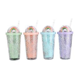 19oz Water Mug with Straws Summer Double Layers Plastic Icy Cup Cute Rainbow in the Lids Juice Milk Straw Cup