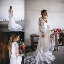 Country Lace Gorgeous Wedding Dresses with Long Sleeves Bridal Gown Custom Made Plus Size Sexy Backless Sweep Train Satin Beach Vestido De Novia