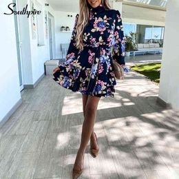 Fashion-Southpire Navy Floral Print Loose Style Mini Dress Women Long Sleeve High Neck Party Ladies Day Casual Clothes Spring