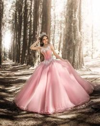Rosa Prinzessin Quinceanera Kleider für 15 Jahre, Kristallperlen, herzförmiges Kleid für 16 Jahre, Abendkleider CG001