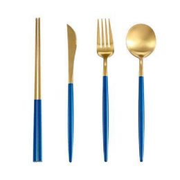4pcs/set Stainless Steel Cutlery Set Solid Fork Knife Spoon Chopsticks Dinnerware Set European Dinner Set Western fast ship