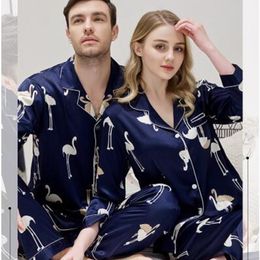 Spring autumn couple men women's lovers silk sleepwear men's long sleeve pajamas twinset loungewear pyjama nightwear bird T200813