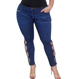 5XL Plus Size Jeans Women Rivet Hollow Out Denim Pant Skinny Jeans Woman Casual Mid Waist Jeans Feminino Streetwear vaqueros D25 201029
