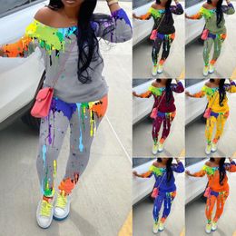 Womens Running Tracksuit Casual Loose Graffiti Print Off-Shoulder Plus Size Top And Pants Sweatshirt Sports Suit Gym Clothes