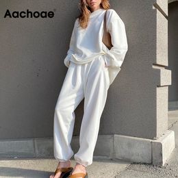 Aachoae Casual Solid 2 Piece Set Women Batwing Long Sleeve Pullover Sweatshirt Elastic Waist Full Length Straight Pants Set Lady LJ201120