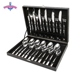 24PCS Silverware Tableware Cutlery Set Box 18/10 Stainless Steel Mirror Polishing Sets Spoon Flatware Dinnerware Wood Gift Box 201116