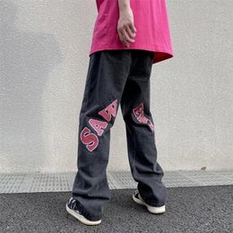I jeans stampati con lettera high street americana da uomo estate sottile hiphop fritto vibe tubo dritto pantaloni larghi indossano 220302