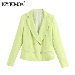 KPYTOMOA Women Fashion Double Breasted Cropped Blazers Coat Vintage Notched Collar Long Sleeve Female Outerwear Chic Tops 201201