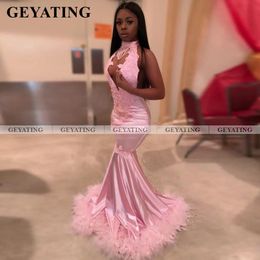 2020 Pink Mermaid Prom Dresses for Black Girls Plus Size Feathers African Evening Gowns Elegant Women Long Formal Party Dress