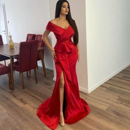 Red V-Neck Mermaid Evening Dresses 2022 Off The Shoulder Side Split Sashes Satin Formal Prom Gowns For Women Robes De Soiree