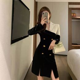 Spring new design women's turn down collar black white color block velvet patchwork blazer suit dress