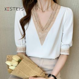 Women's Blouses & Shirts Deep V-neck Sexy Women Chiffon Half Sleeve Female Loose White Elgant Ladies Tops Casual Clothings Blusas
