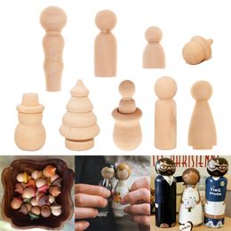 Wood Dolls Figures Creative Family Couple DIY Crafts Unfinished Toys Kids Painted Doodle Peg Dolls Natural Color Ornaments