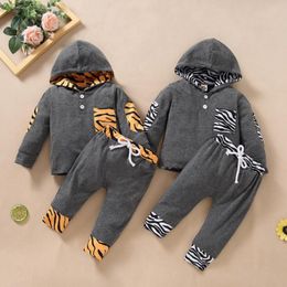 INS Baby Outfits Leopard Toddler Girls Hooded Tops Pants 2PCS Sets Long Sleeve Infant Boy Clothes Set Boutique Baby Clothing DW6314