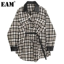[EAM] Loose Fit Black Pu Leather Plaid Big Size Woollen Coat Parkas New Long Sleeve Women Fashion Tide Autumn Winter 2021 1DC604 201216