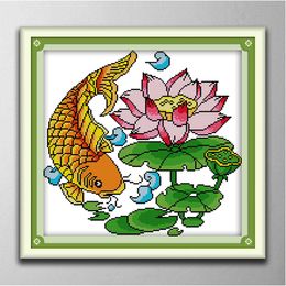 Lucky fish home decor paintings ,Handmade Cross Stitch Embroidery Needlework sets counted print on canvas DMC 14CT /11CT