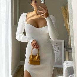 Aproms Elegant Square Neck Ribbed Knitted Dresse Casual Long Sleeve High Stretch Basic Bodycon Dress Streetwear Vestidos 220311
