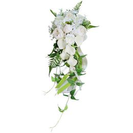 Wedding Bridal Bouquet Cascading Waterfall Artificial Callalily Ivory White Holding Flowers Church Party Decoration AA220308