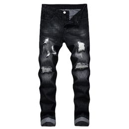 Men's Jeans Black Hole Denim Men Slim Solid Colour Bleached Ripped Full Length Casual Trousers Cowboy High Quality Fashion