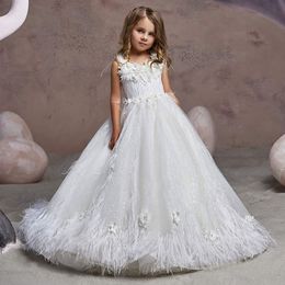 Beaded Feather Girls Pageant Dresses Jewel Neck 3D Appliqued Princess Flower Girl Dress Sequined Sweep Train First Communion Gowns 415