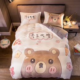 Cartoon Unicorn Bear Pig Dinosaur Winter Velvet Flannel Child Bedding set Fleece Fabric Duvet Cover Bed sheet/Linen Pillowcases T200706