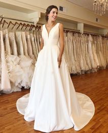 Cheapest A-line Wedding Dresses Elegant V-neck White Ivory Satin Vestido De Novia 2021 Backless Wedding Gowns Chapel Train