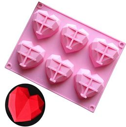 6 Cavity 3D Diamond Heart Shape Mould 100% Food-Grade Silicone Dessert Mould Non-Stick Easy Release Mould Cake Candy Ice Cube Soap Tray pink