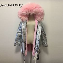 New Women Winter Coat Long Thick Fur silver Colour Parkas Real Raccoon Fur Collar Hood Jacket Drop Shipping 201026