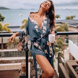 AYUALIN Kaftan Robe blue Phoenix Floral print Kimono cardigan boho sexy Side Slits Gypsy blusa summer loose long women blouses 201126