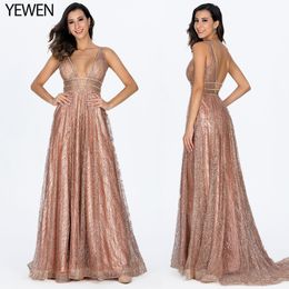 Decollete Pocket Luxury Bling Gold Deep-V Sexy Evening Dresses 2020 Backless Prom Formal Dress Women Elegant Evening Gowns Long LJ201119