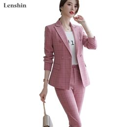 Lenshin High Quality 2 Piece Set Plaid Formal Pant Suit Blazer Office Lady Designs Women Soft Jacket and Ankle-Length Pant 201030