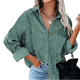 EBAIHUI Women's Corduroy Solid Shirt Long Sleeve Turn-down Collar Female Loose Blouse with Rivet Pocket Daily Shirts