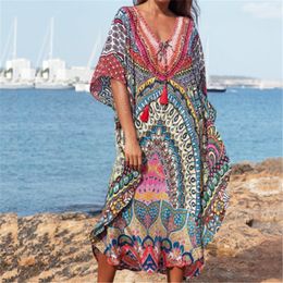 Quick-drying Bikini Cover-ups Bohemian Printed Summer Dress Kaftan Long Red Tunic Women Beach Wear Swim Suit Cover Up Q897 T200324