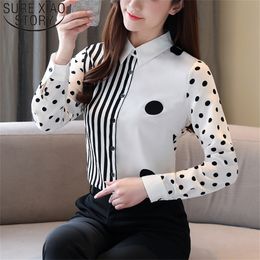 Spring New Fashion Long Sleeve Stripes Splice Ladies Tops Wave Point Chiffon Blouses Cardigan Clothing Women Shirts LJ200811