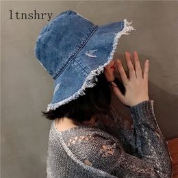 Summer Autumn Washed Denim Sun Hat Women Fashion Tassel Floppy Cap Ladies Wide Brim Beach Bucket Hats Female Cotton foldable Y200602