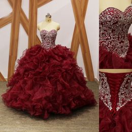 Fully Beadings and Crystals Basque Organza Ruffles Little Train Wine Red Quinceanera Dress Gala Ceremony Ball Gown