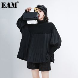 [EAM] Black Pleated Big Size Knitting Turtleneck Sweater Loose Fit Long Sleeve Women New Fashion Tide Autumn Winter 2021 1DA681 210203