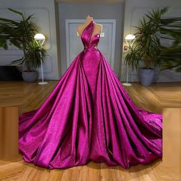 Fuchsia Prom Dresses One Shoulder Cutaway Sides Shiny overskirts Evening Dress Long Custom Made Celebrity Red Carpet robes de cocktail