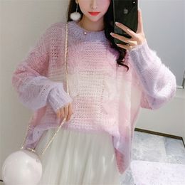 Rainbow Gradient Colour Long sleeves Loose Oversized Sweater Spring Knitted Sweaters Thin Women Sweaters And Skirts 1623A 201221