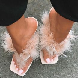 Summer Slippers Women Furry Slides Fashion Square Toe Transparent Heels Rhinestone Sandals Female Flip Flop Shoe Drop Ship X1020