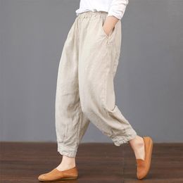 Cotton Linen High Waist Women's Harem Pants Elastic Waist Solid Ankle-length Joggers Trousers Women Summer Vintage Clothes 201106