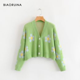 BIAORUINA Women's Korean Style Floral Printing V-neck Knitted Cardigans Female Casual Oversized All-match Sweater One Size 201029